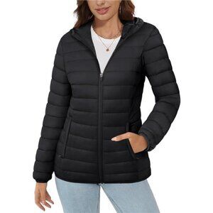 Women's Hooded Puffer Jacket Lightweight Quilted Padded Coat 4 Pockets Zip-up